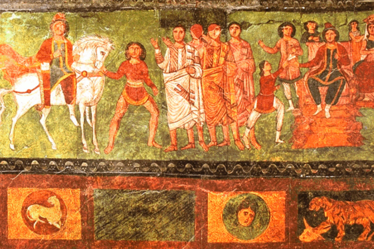 פאנל ציורי המגילה בבית הכנסת בדורא אירופוס